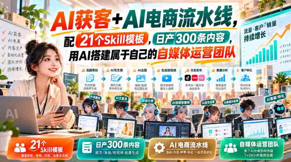AI获客+AI电商流水线,配21个Skill模板,日产300条内容,用AI搭建属于自己的自媒体运营团队