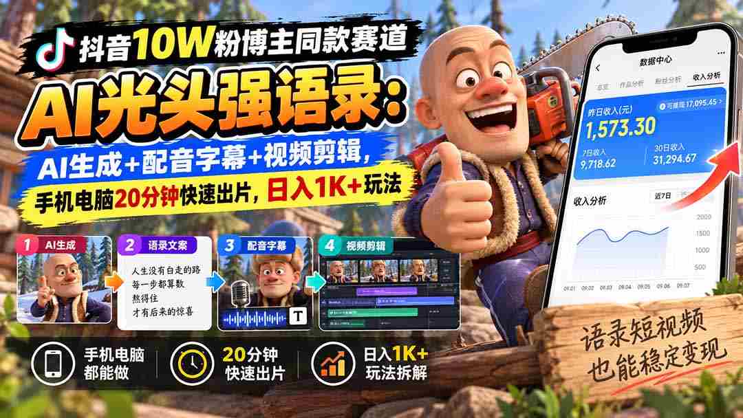 抖音十万粉丝达人热推：AI光头强台词新玩法，智能生成+语音字幕+视频剪辑，仅需手机电脑20分钟，轻松日赚千元-中创网_分享创业项目_助您在家赚钱
