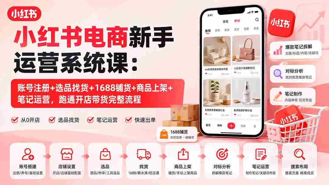 （20219期）小红书电商新手运营系统课：账号注册+选品找货+1688铺货+商品上架+笔记运营，跑通开店带货完整流程-中创网_分享创业项目_助您在家赚钱