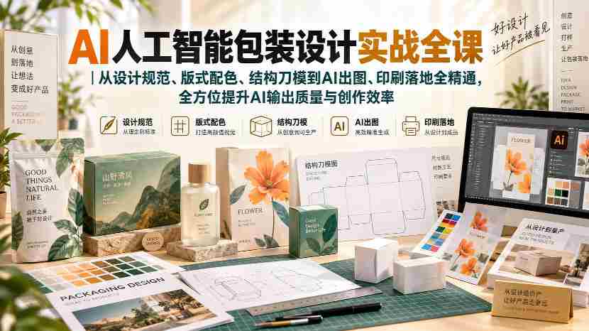 AI人工智能包装设计实战全课|从设计规范、版式配色、结构刀模到AI出图、印刷落地全精通
