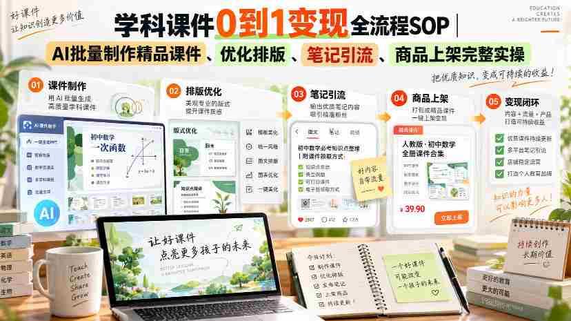 学科课件0到1变现全流程SOP|AI批量制作精品课件、优化排版、笔记引流、商品上架完整实操