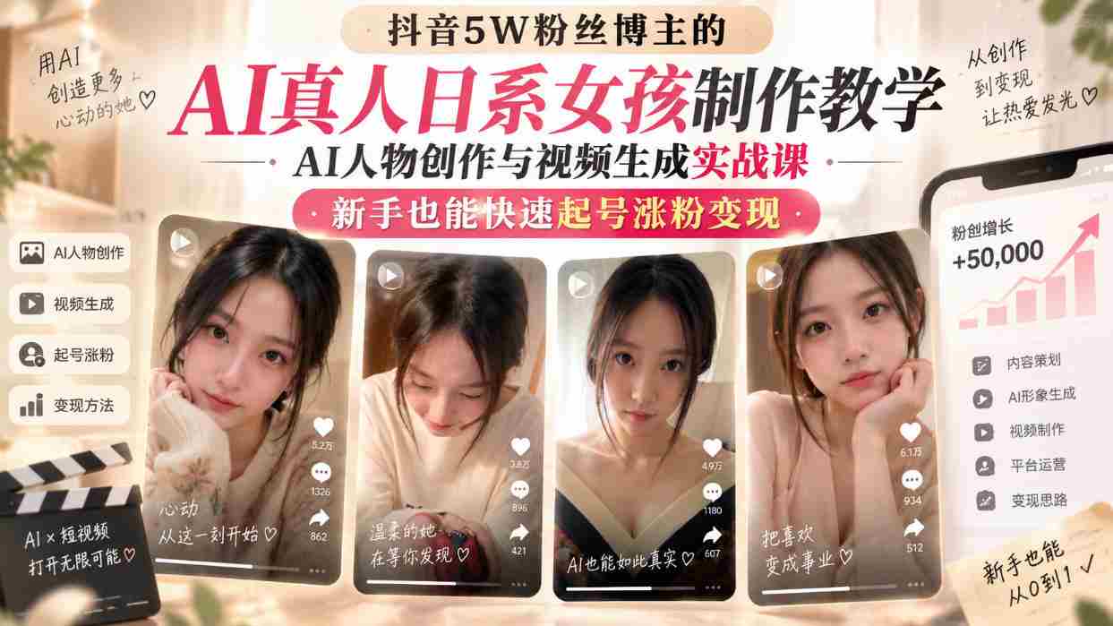 抖音5W粉丝博主的AI真人日系女孩制作教学，AI人物创作与视频生成实战课，新手也能快速起号涨粉变现-中创网_分享创业项目_助您在家赚钱