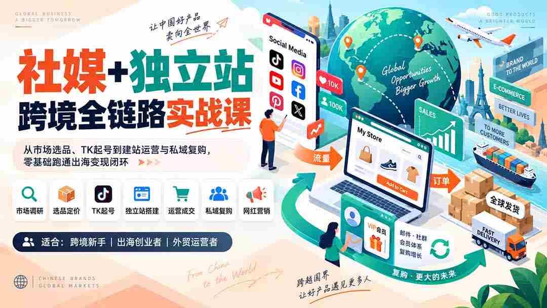 （20361期）社媒+独立站跨境全链路实战课：从市场选品、TK起号到建站运营与私域复购，零基础跑通出海变现闭环-中创网_分享创业项目_助您在家赚钱