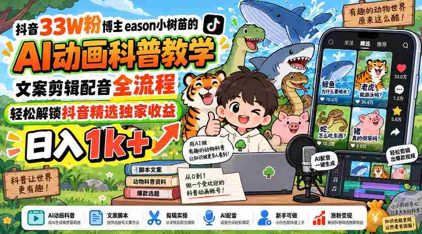 揭秘抖音热门博主eason小树苗：AI动画教学全攻略，文案剪辑配音一网打尽，轻松赚取日入过千！-中创网_分享创业项目_助您在家赚钱