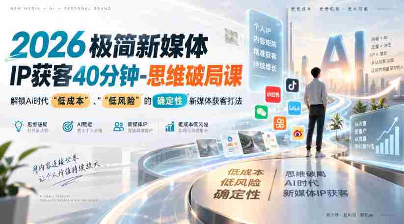 2026极简新媒体IP获客40分钟-思维破局课,解锁Ai时代“低成本”、“低风险”的确定性新媒体获客打法