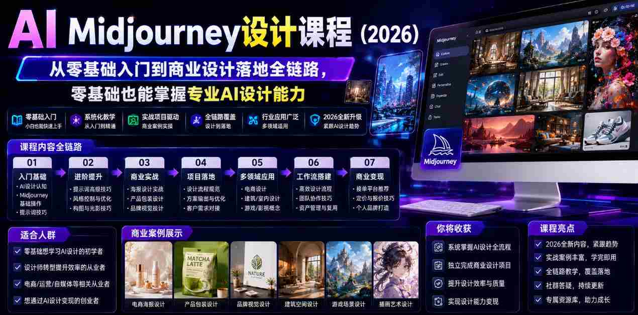 AI Midjourney设计课程(2026),从零基础入门到商业设计落地全链路,零基础也能掌握专业AI设计能力(更新0913)