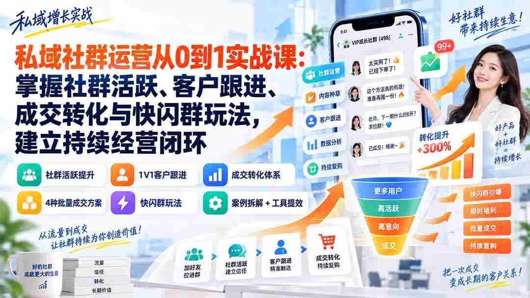 私域社群运营从0到1实战课：掌握社群活跃、客户跟进、成交转化与快闪群玩法，建立持续经营闭环-中创网_分享创业项目_助您在家赚钱