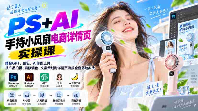 PS+AI手持小风扇电商详情页实操课|结合GPT、豆包、AI修图工具,从产品拍摄、精修调色、文案策划到详情页海报全套落地实战