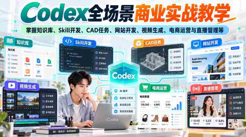 【无水印】Codex全场景商业实战教学,掌握知识库、Skill开发、CAD任务、网站开发、视频生成、电商运营与直播管理等