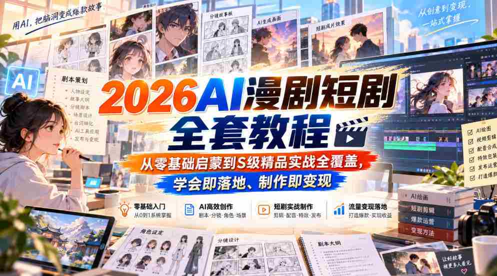 【无水印】2026AI漫剧短剧全套教程,从零基础启蒙到S级精品实战全覆盖,学会即落地、制作即变现