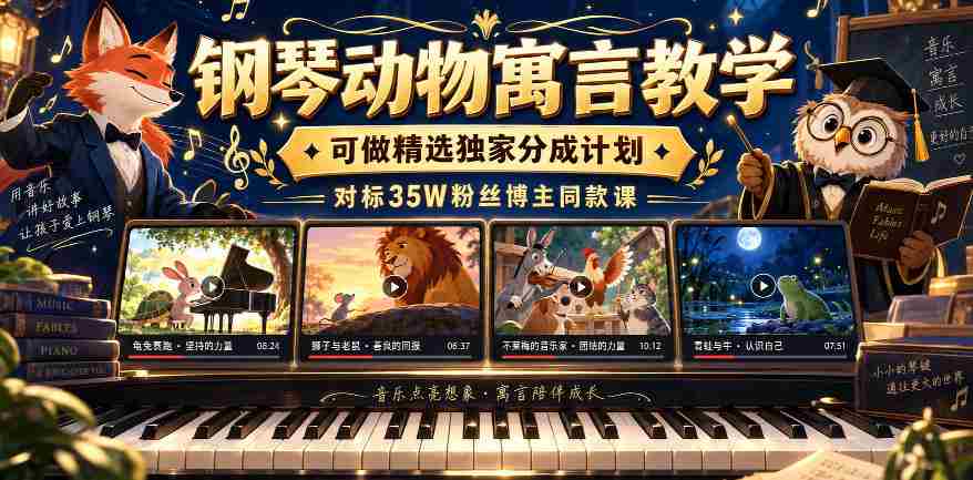 钢琴动物寓言教学,可做精选独家分成计划,对标35W粉丝博主同款课