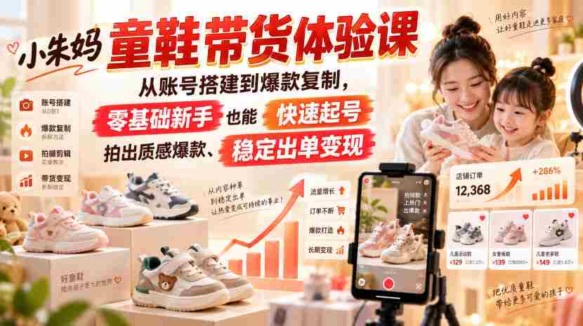 小朱妈童鞋带货体验课,从账号搭建到爆款复制,零基础新手也能快速起号、拍出质感爆款、稳定出单变现