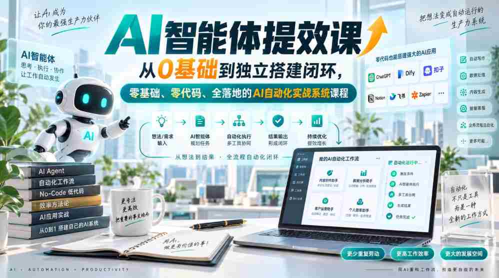 AI智能体提效课，从0基础到独立搭建闭环，零基础、零代码、全落地的AI自动化实战系统课程-中创网_分享创业项目_助您在家赚钱