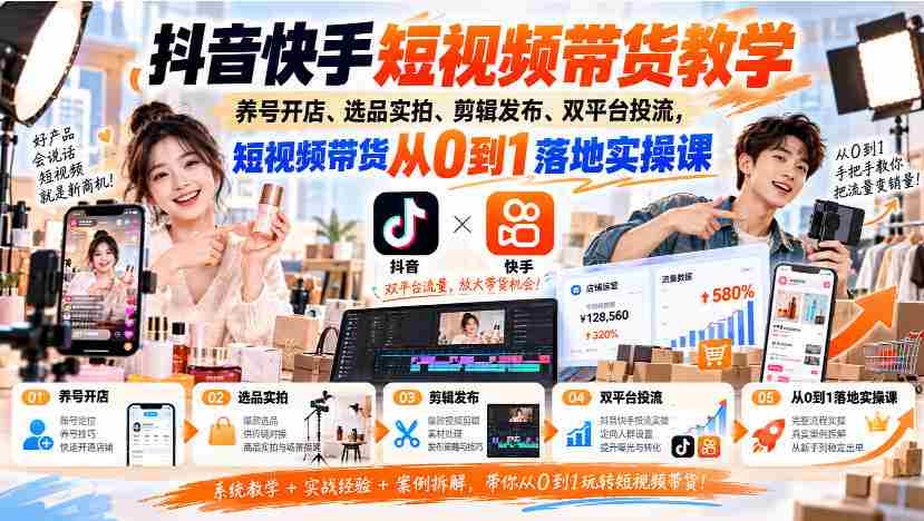 抖音快手短视频带货教学|养号开店、选品实拍、剪辑发布、双平台投流,短视频带货从0到1落地实操课