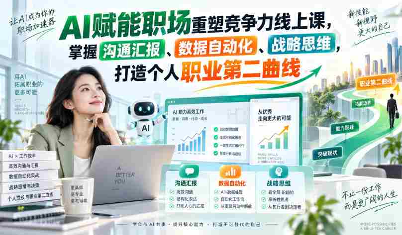 AI赋能职场重塑竞争力线上课,掌握沟通汇报、数据自动化、战略思维,打造个人职业第二曲线