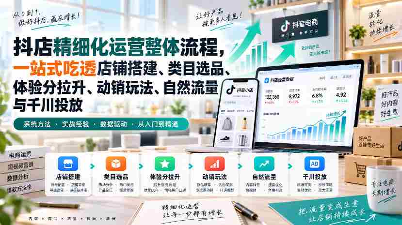 李哥电商-抖店精细化运营整体流程,一站式吃透店铺搭建、类目选品、体验分拉升、动销玩法、自然流量与千川投放