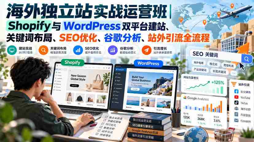 海外独立站实战运营班|Shopify与WordPress双平台建站、关键词布局、SEO优化、谷歌分析、站外引流全流程