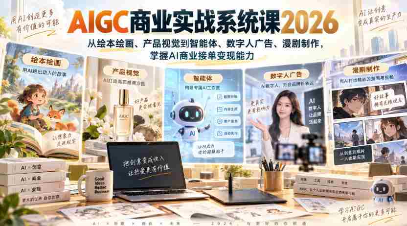 AIGC商业实战系统课2026,从绘本绘画、产品视觉到智能体、数字人广告、漫剧制作,掌握AI商业接单变现能力