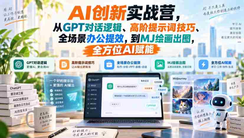 AI创新实战营,从GPT对话逻辑、高阶提示词技巧、全场景办公提效,到MJ绘画出图,全方位AI赋能