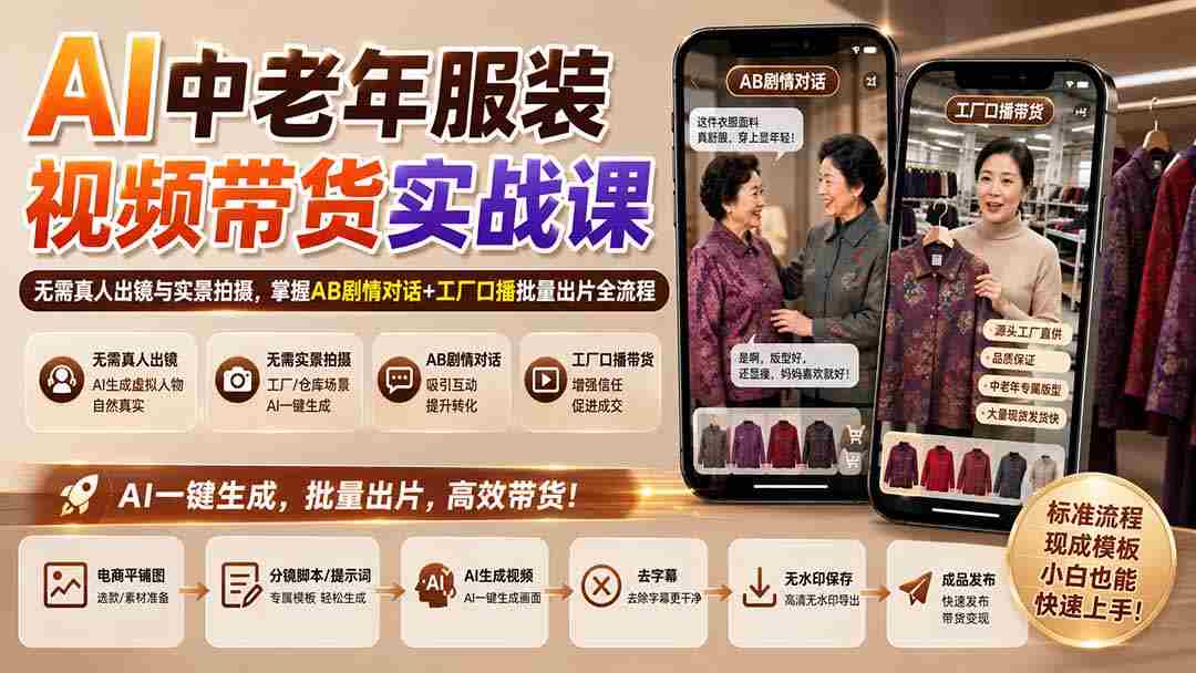 （20198期）AI中老年服装视频带货实战课：无需真人出镜与实景拍摄，掌握AB剧情对话+工厂口播批量出片全流程-中创网_分享创业项目_助您在家赚钱