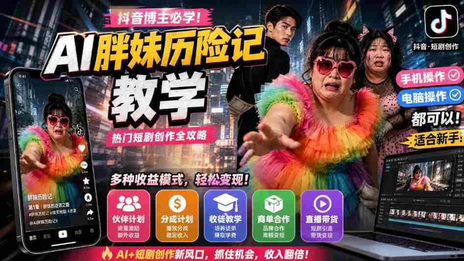 抖音博主的AI胖妹历险记教学,伙伴计划+分成计划+收徒+商单等多种收益,适合新手,手机电脑都可以操作