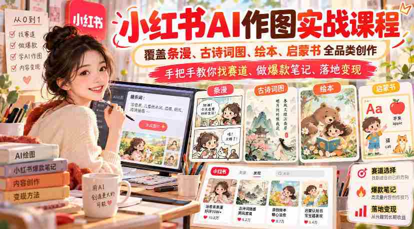小红书AI作图实战课程,覆盖条漫、古诗词图、绘本、启蒙书全品类创作,手把手教你找赛道、做爆款笔记、落地变现