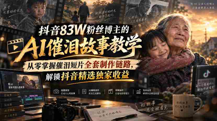 抖音83W粉丝博主的AI催泪故事教学，从零掌握催泪短片全套制作链路，解锁抖音精选独家收益-中创网_分享创业项目_助您在家赚钱