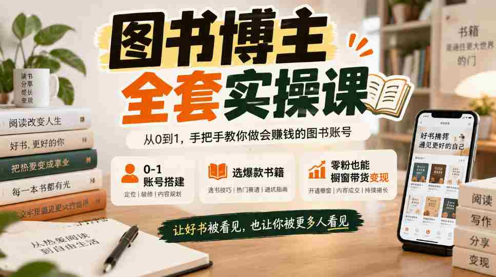 图书博主全套实操课,0‑1账号搭建,选爆款书籍,零粉也能橱窗带货变现