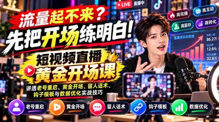 【无水印】流量起不来?先把开场练明白!短视频直播黄金开场课,讲透老号重启、黄金开场、留人话术、钩子模板与数据优化实战技巧