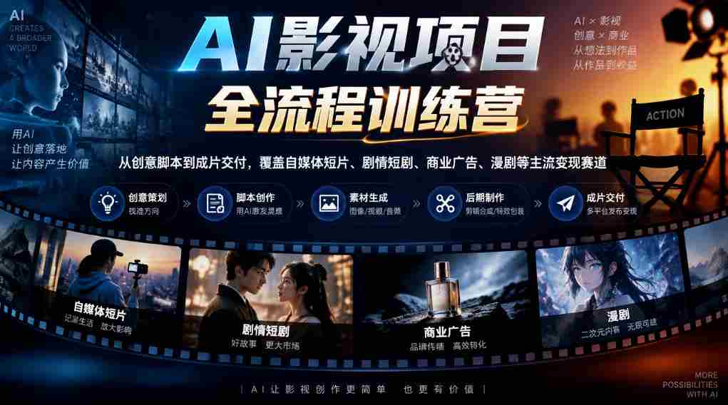 AI影视制作全方位培训营：从构思脚本至成品呈现，涵盖短视频、剧集、广告、漫画等多种盈利领域-中创网_分享创业项目_助您在家赚钱
