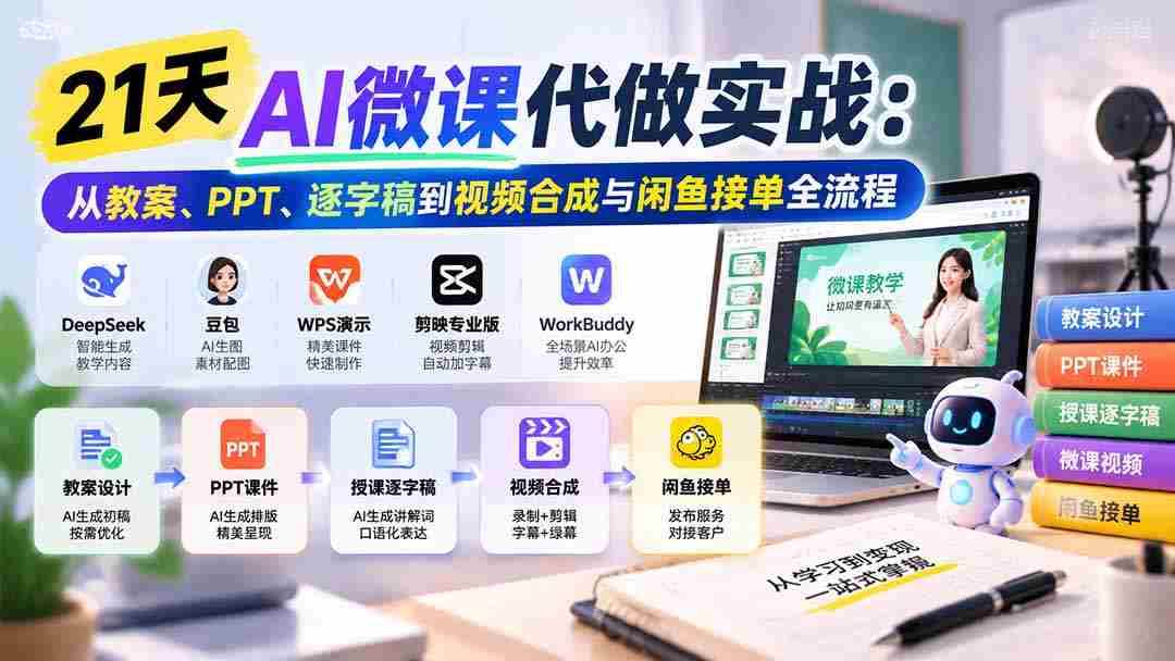 21天AI微课制作全攻略：涵盖教案、PPT、脚本及视频剪辑，轻松掌握闲鱼接单技巧-中创网_分享创业项目_助您在家赚钱