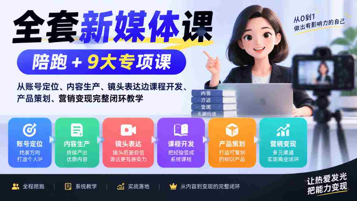 全套新媒体课|陪跑+9大专项课,从账号定位、内容生产、镜头表达到课程开发、产品策划、营销变现完整闭环教学