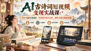 AI古诗词短视频变现实战课:手机+电脑双端制作,零基础学起号运营、创作分成与收徒变现-中创网_分享创业项目_助您在家赚钱