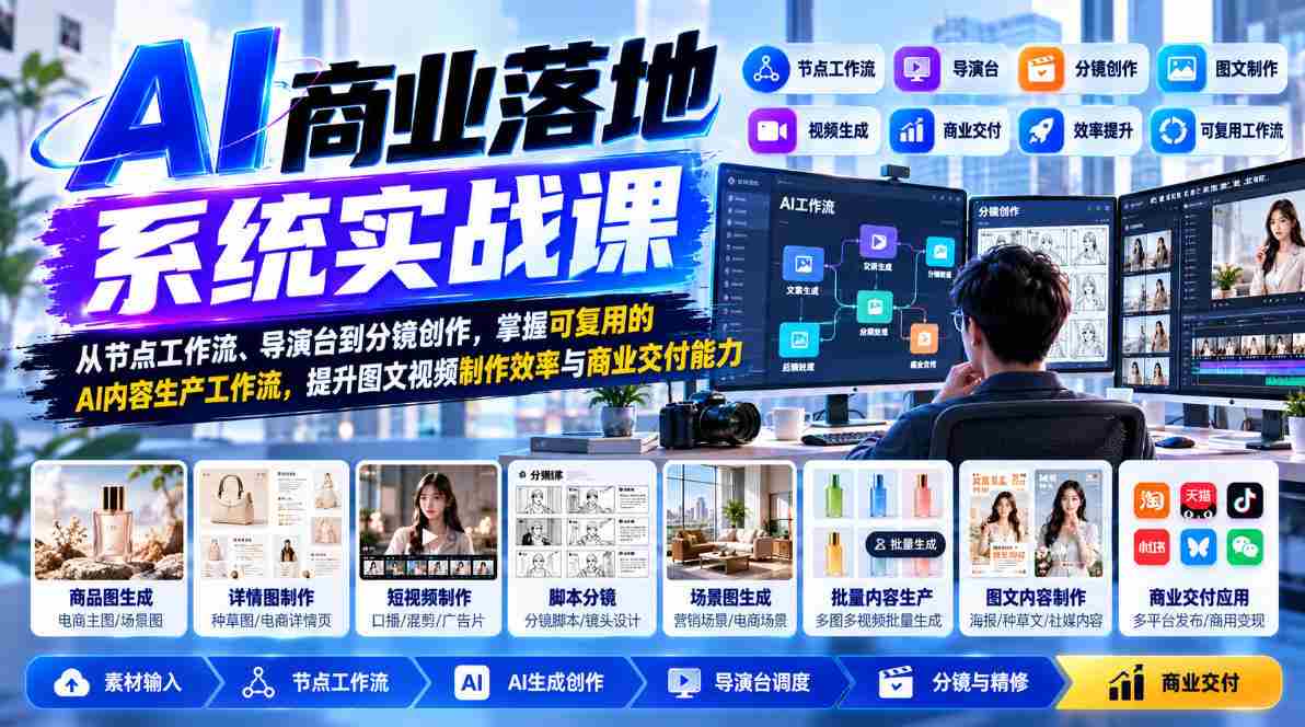 【无水印】AI商业落地系统实战课,从节点工作流、导演台到分镜创作,掌握可复用的AI内容生产工作流,提升图文视频制作效率与商业交付能力