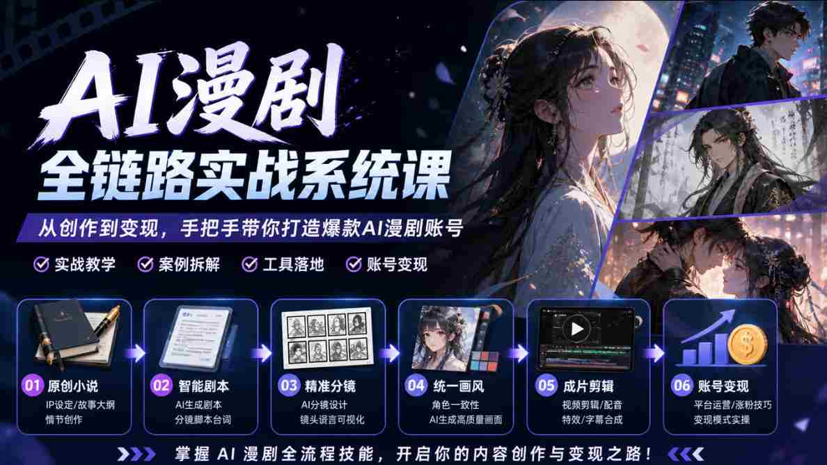 AI漫剧全链路实战系统课｜原创小说、智能剧本、精准分镜、统一画风、成片剪辑、账号变现实操教学-中创网_分享创业项目_助您在家赚钱