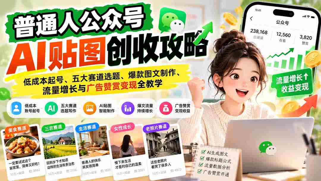 普通人公众号AI贴图创收攻略：低成本起号、五大赛道选题、爆款图文制作、流量增长与广告赞赏变现全教学-中创网_分享创业项目_助您在家赚钱