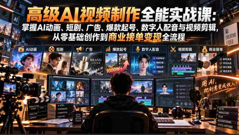 高级AI视频制作全能实战课:掌握AI动画、短剧、广告、爆款起号、数字人配音与视频剪辑,从零基础创作到商业接单变现全流程