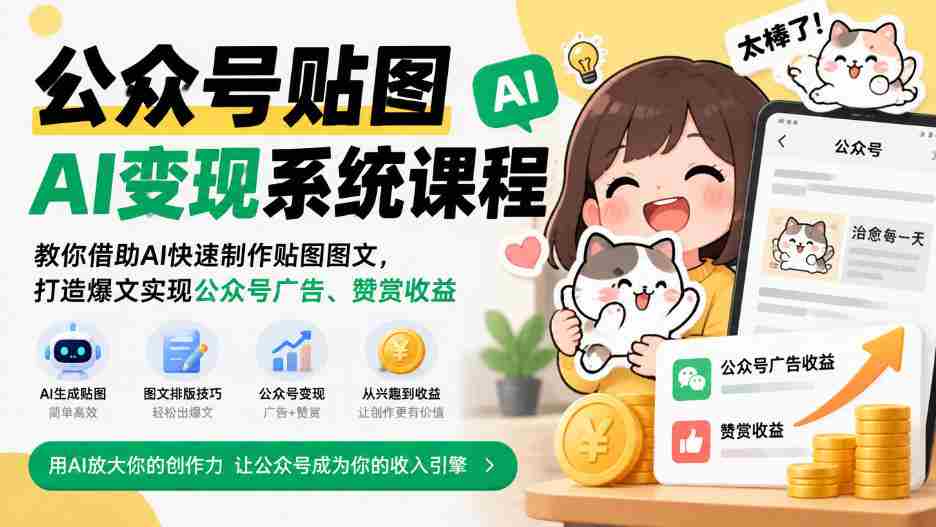 公众号贴图AI变现系统课程｜教你借助AI快速制作贴图图文，打造爆文实现公众号广告、赞赏收益-中创网_分享创业项目_助您在家赚钱