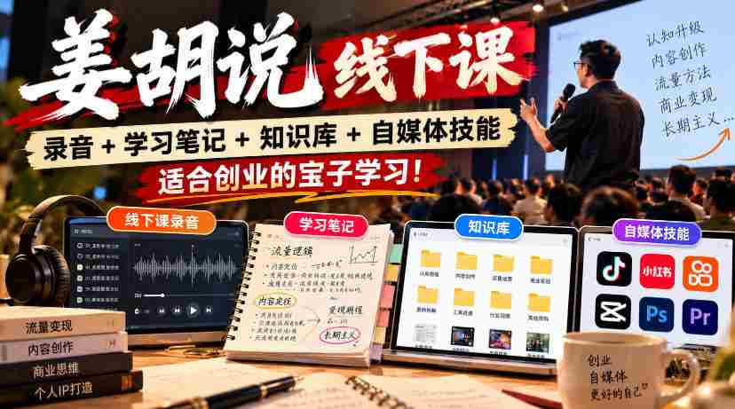 姜胡线下课程精华集锦：录音、笔记、知识库及自媒体技巧，助力创业新锐成长！-中创网_分享创业项目_助您在家赚钱