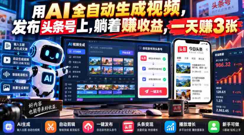 用AI全自动生成视频,发布头条号上,躺着賺收益,一天賺3张