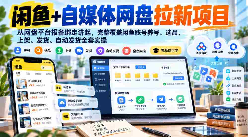 揭秘闲鱼自媒体网盘新项目：网盘平台注册绑定攻略，全方位解析账号运营、选品上架、自动发货实操技巧-中创网_分享创业项目_助您在家赚钱