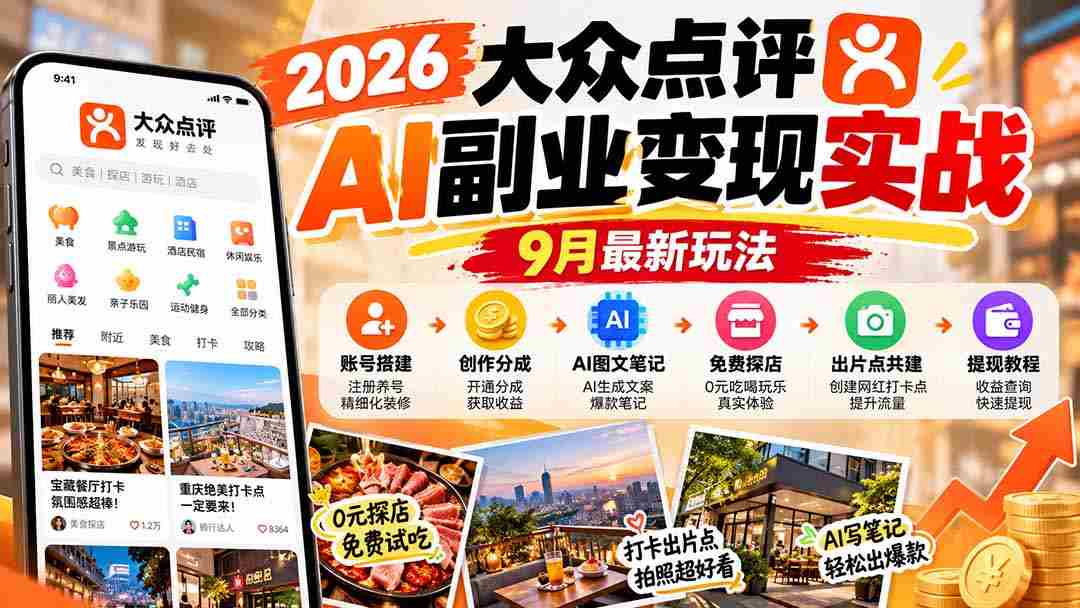 2026大众点评AI副业变现实战9月最新玩法:账号搭建+创作分成+AI图文笔记+免费探店+出片点共建与提现教程,源码仅供个人学习研究,不可商用