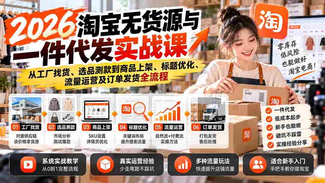 2026淘宝无货源与一件代发实战课:从工厂找货、选品测款到商品上架、标题优化、流量运营及订单发货全流程,源码仅供个人学习研究,不可商用