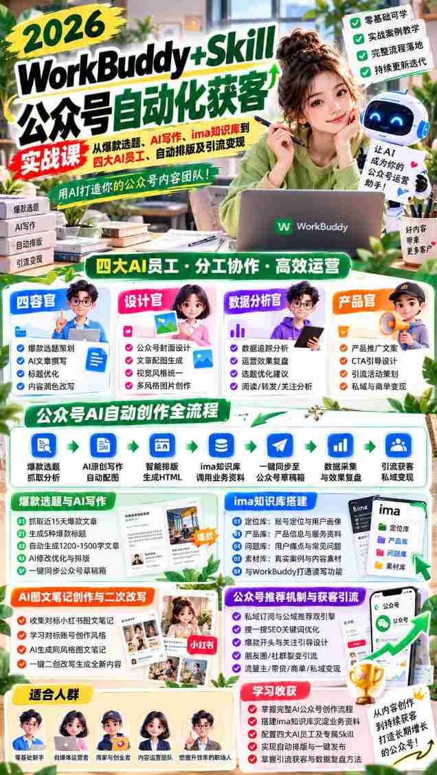 2026WorkBuddy+Skill公众号自动化获客实战课,从爆款选题、AI写作、ima知识库到四大AI员工、自动排版及引流变现,用AI打造你的公众号内容团队