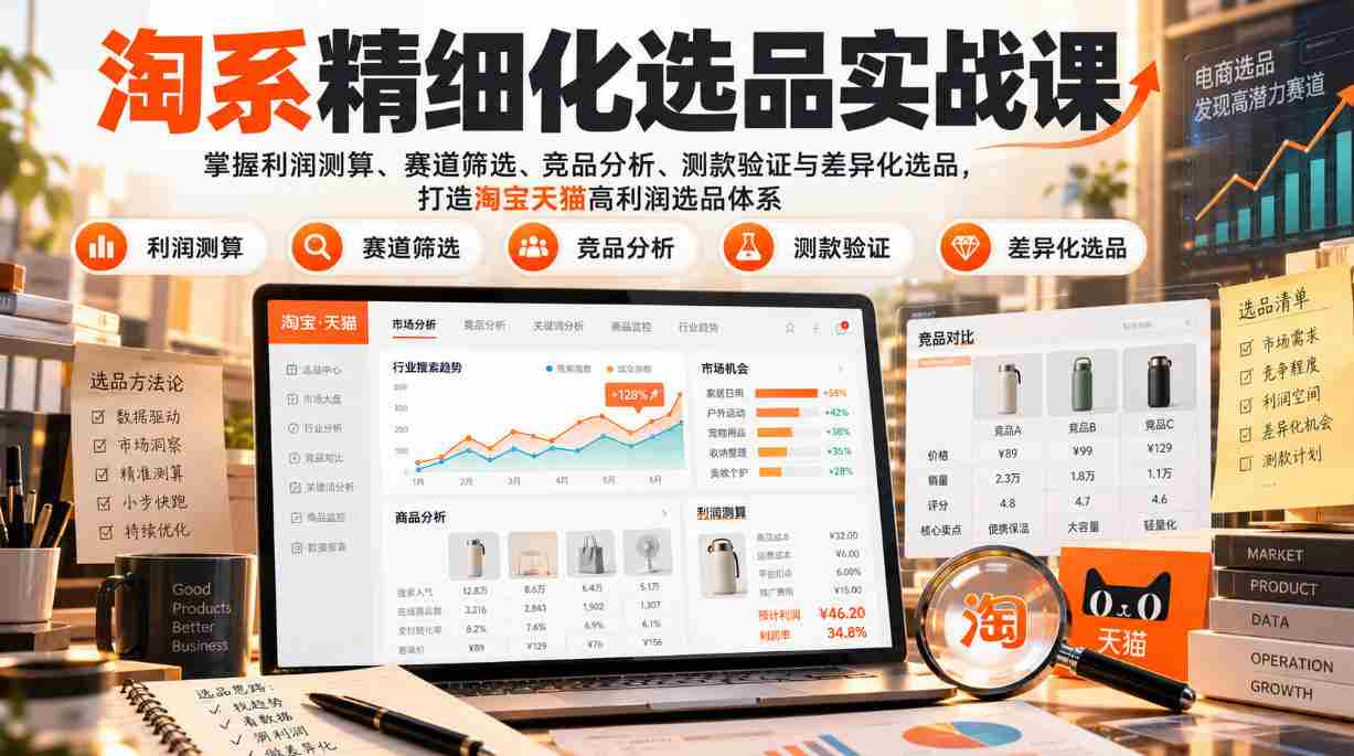 货架电商精细化选品实战课:掌握利润测算、赛道筛选、竞品分析、测款验证与差异化选品,打造淘宝天猫高利润选品体系