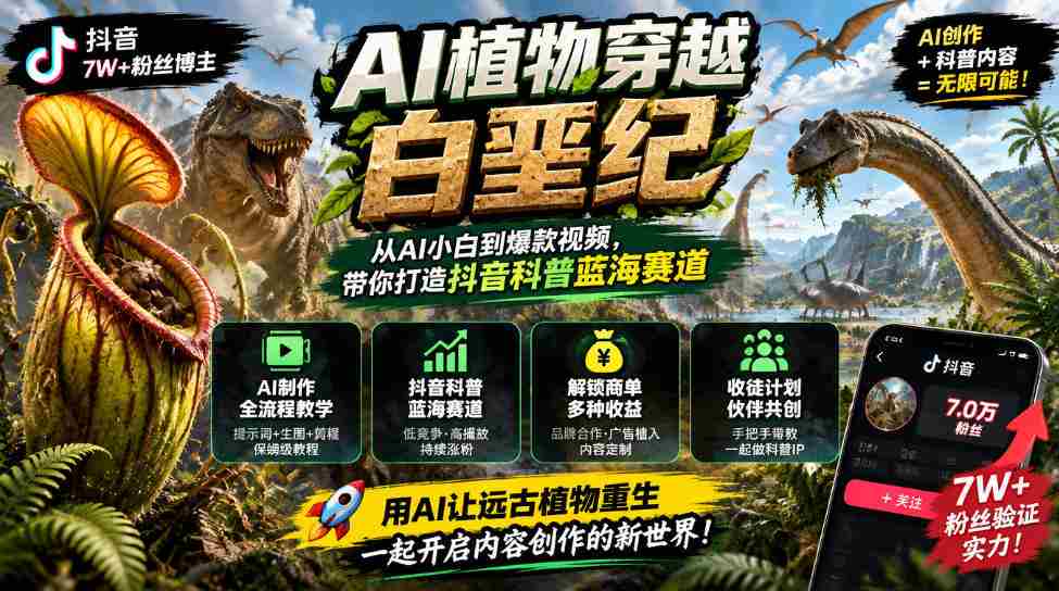 抖音达人引领AI植物穿越白垩纪之旅：科普新领域掘金，解锁多渠道盈利模式与学徒招募计划-中创网_分享创业项目_助您在家赚钱