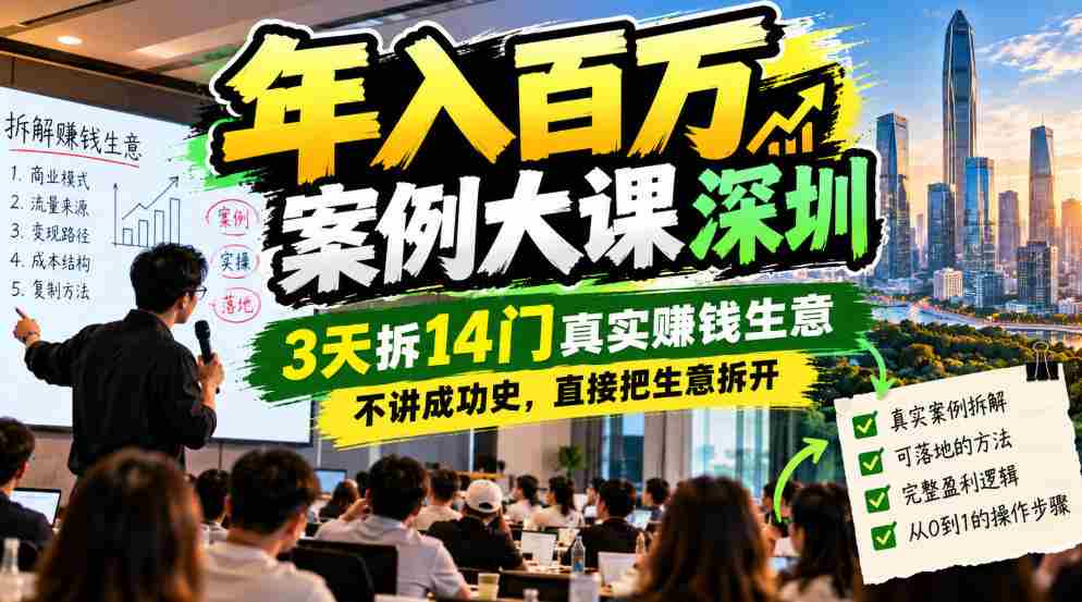 年入百W案例大课深圳,3天拆14门真实賺钱生意,不讲成功史,直接把生意拆开