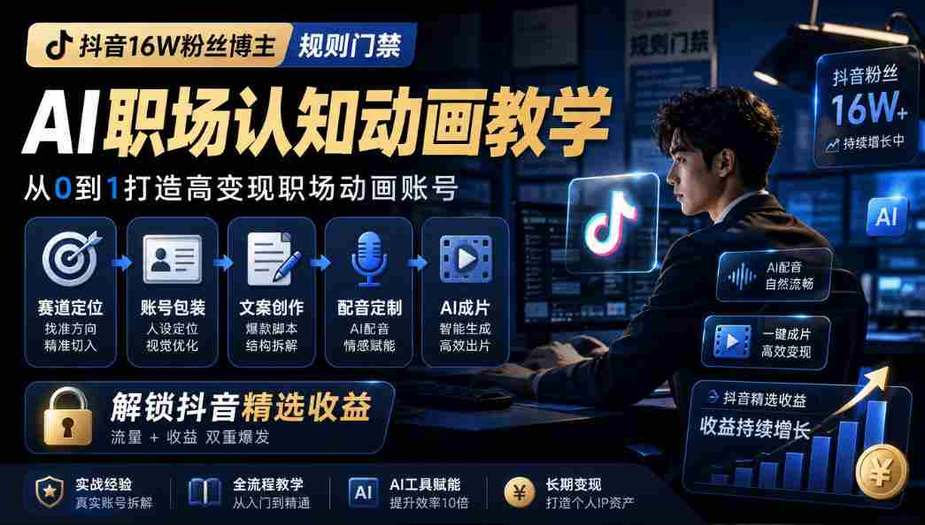 抖音16W粉丝博主规则门禁的AI职场认知动画教学，从赛道定位、账号包装，到文案创作、配音定制、AI成片，解锁抖音精选收益-中创网_分享创业项目_助您在家赚钱