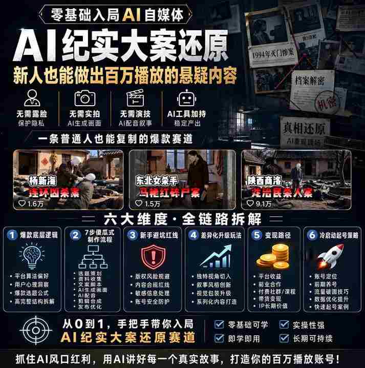 抖音8W粉丝博主的AI纪实大案还原教学,新人也能做出百W播放的悬疑内容,抓住AI风口红利,用AI讲好每一个真实故事