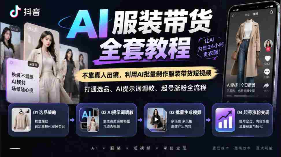 抖音AI服装带货全套教程,不靠真人出镜,利用AI批量制作服装带货短视频,打通选品、AI提示词调教、起号涨粉全流程